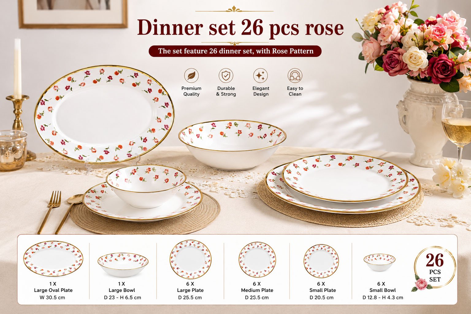26-piece white ceramic dinner set with rose floral pattern,