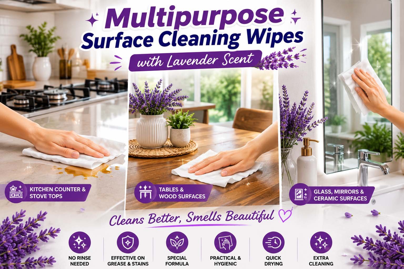 Multipurpose Surface Cleaning Wipes Lavender Scent 96 PCS
