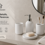 bathroom accessory set with soap dispenser, soap dish, tumbler, and smiley-face toothbrush holder.