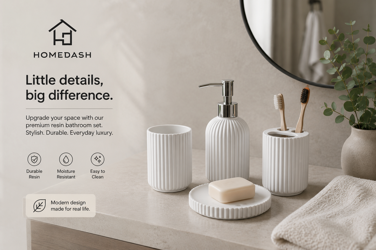 bathroom accessory set with soap dispenser, soap dish, tumbler, and smiley-face toothbrush holder.