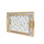 Set of 2 white floral serving trays with gold handles and decorative gold rim made from durable plastic.