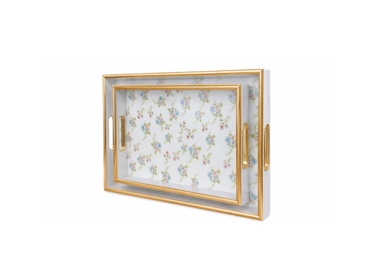 Set of 2 white floral serving trays with gold handles and decorative gold rim made from durable plastic.