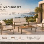 lounge set aluminium with two armchairs, two-seater sofa, cushions, and wood-top coffee table for patio and garden use.