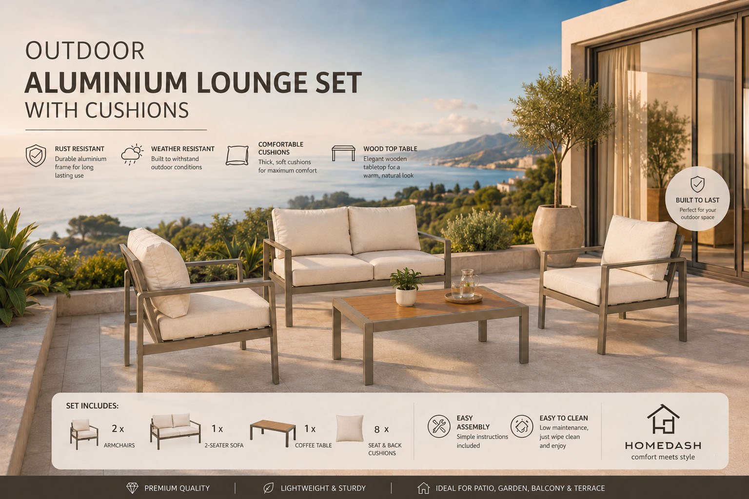 lounge set aluminium with two armchairs, two-seater sofa, cushions, and wood-top coffee table for patio and garden use.