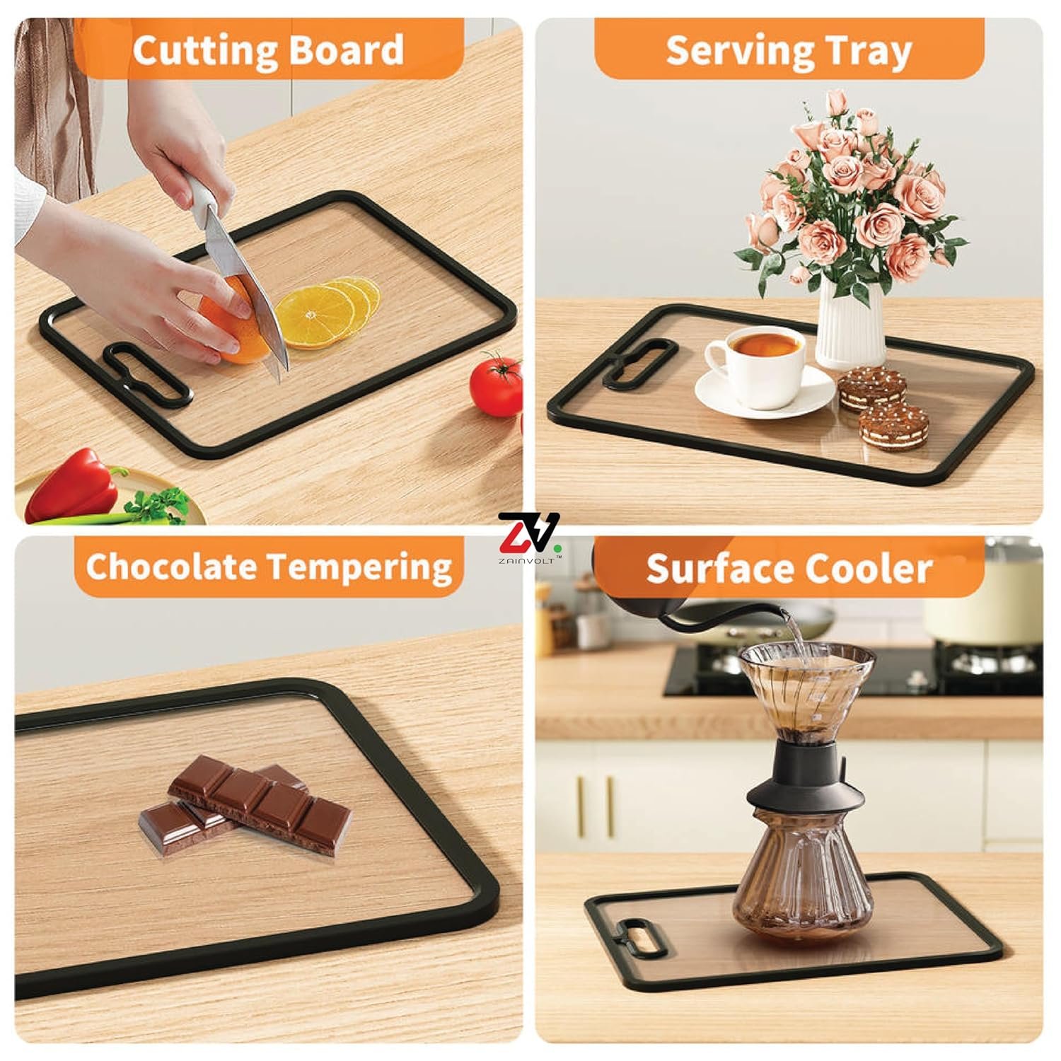 Dosthoff tempered glass cutting board with protective border and handle, 38 × 28 cm for hygienic everyday food preparation.