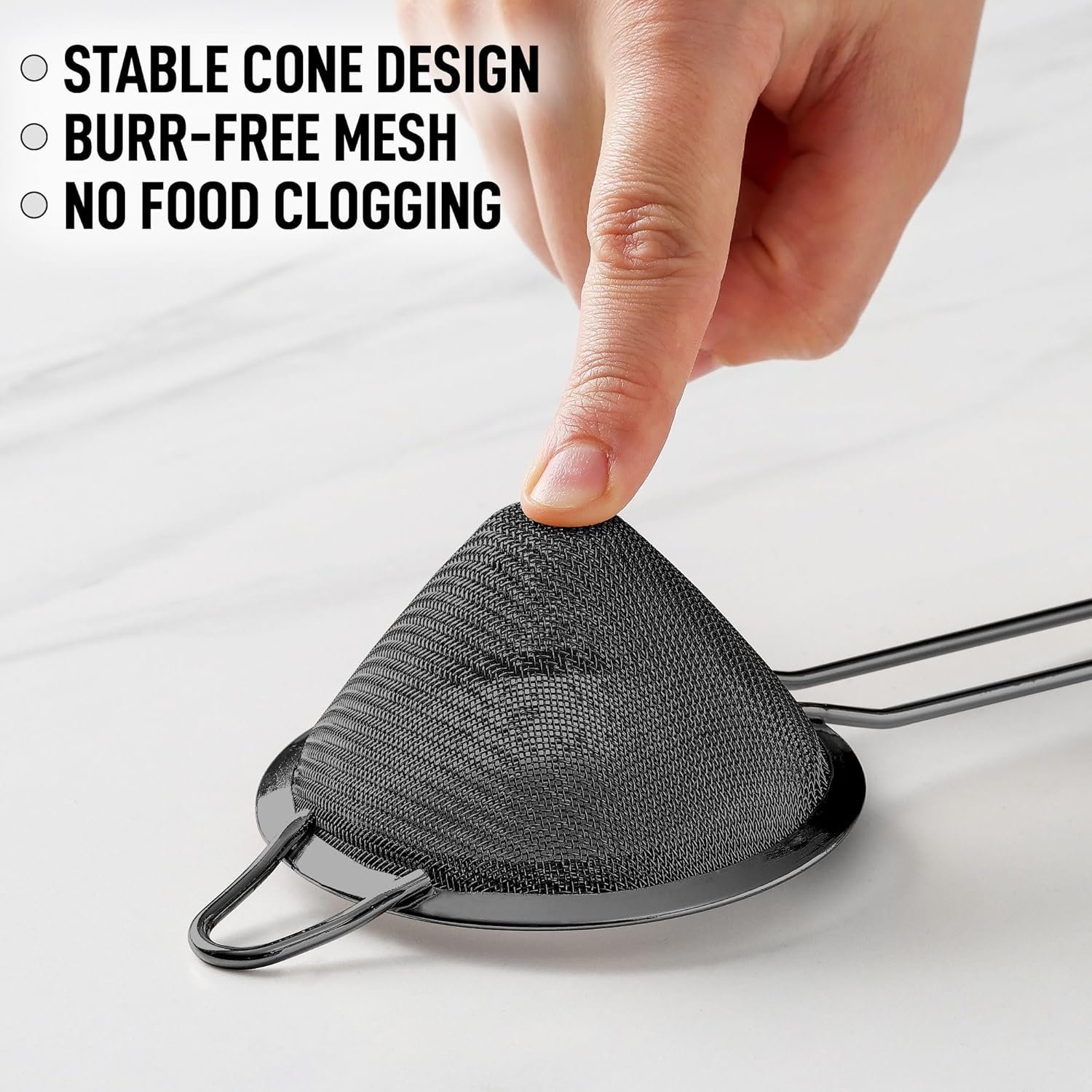 conical fine mesh strainer with long handle for tea, cocktails, baking, sauces, and kitchen filtering.