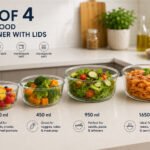 round borosilicate glass food storage containers with airtight colored lids in 230ml, 450ml, 950ml, and 1650ml capacities.