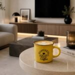 coffee mug with handle featuring Happiness is a Cup of Coffee design, available in yellow, orange, light blue, red, and dark green.