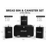 bread bin and three kitchen canisters for tea coffee and sugar with chrome accents and hinged lid storage set.