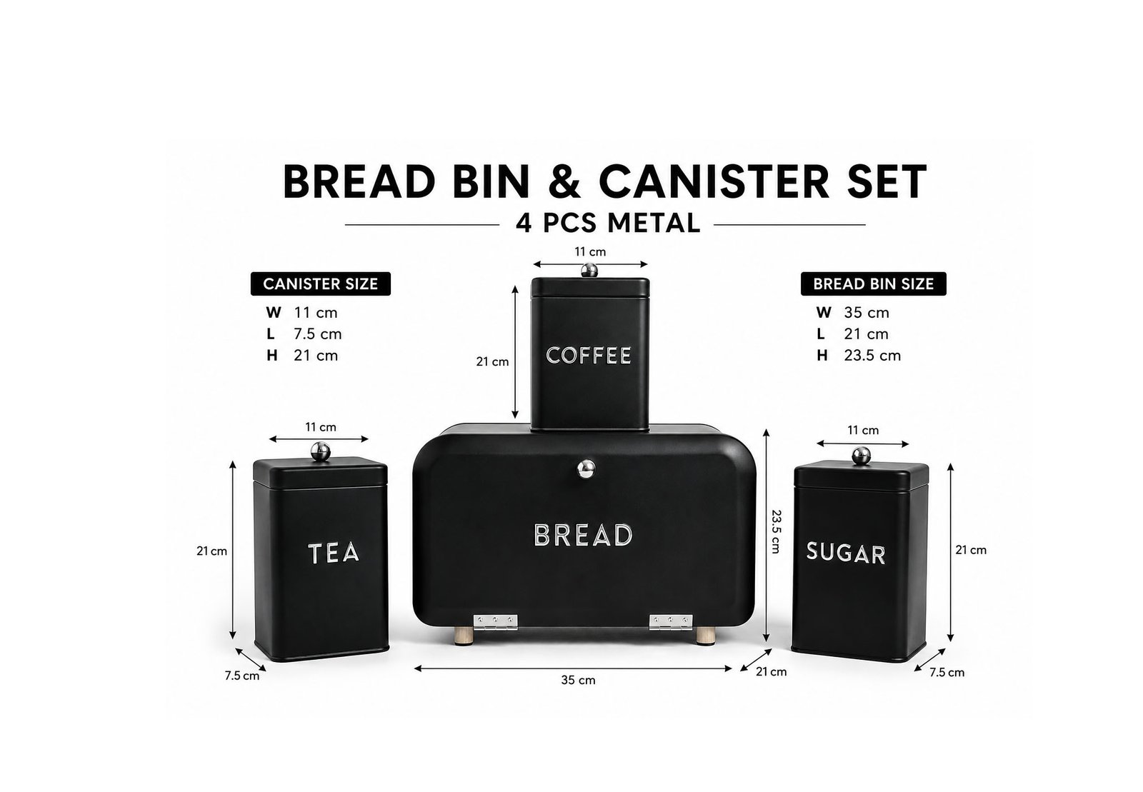 bread bin and three kitchen canisters for tea coffee and sugar with chrome accents and hinged lid storage set.