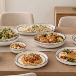 white ceramic dinner set with silver leaf pattern, serving bowls, plates, and platters from the Genova Collection.