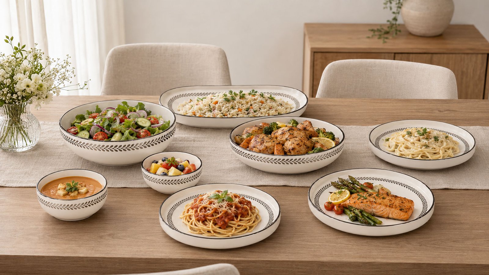 white ceramic dinner set with silver leaf pattern, serving bowls, plates, and platters from the Genova Collection.