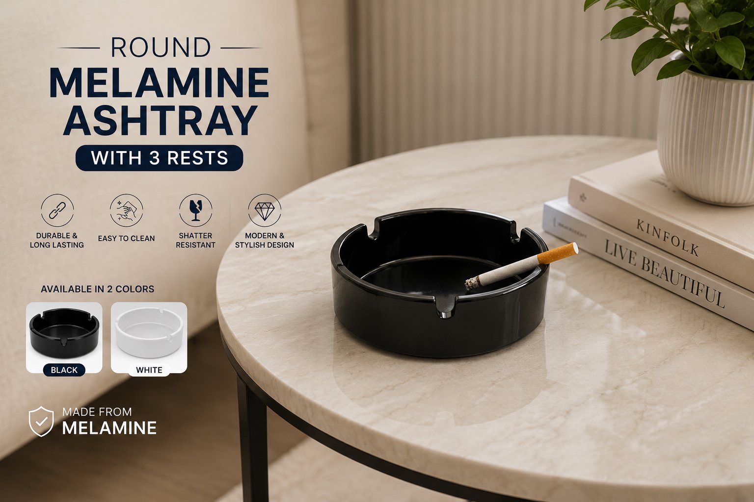 Round melamine ashtray with three cigarette rests,