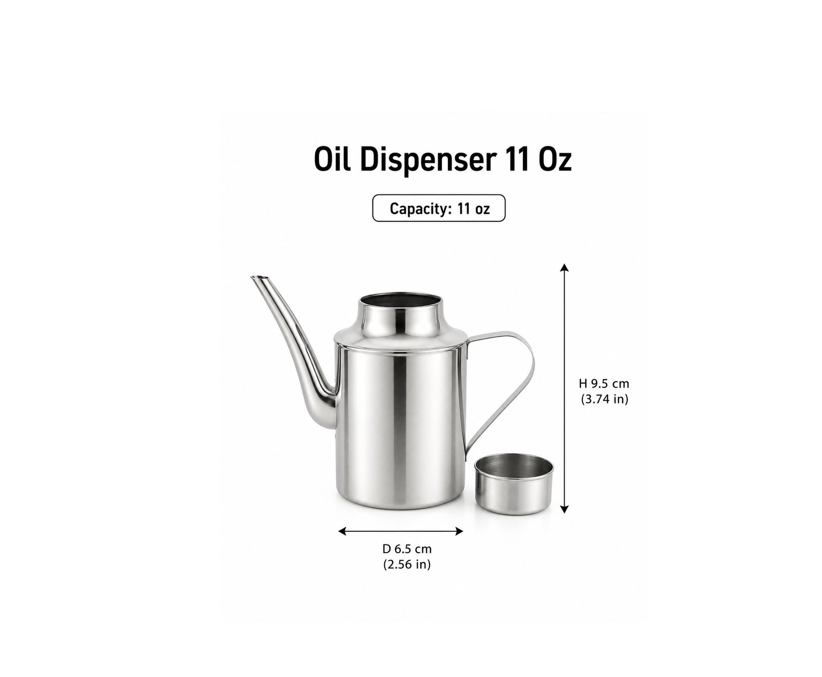 11 oz oil dispenser with precision pouring spout and ergonomic handle for oil, vinegar, and soy sauce.