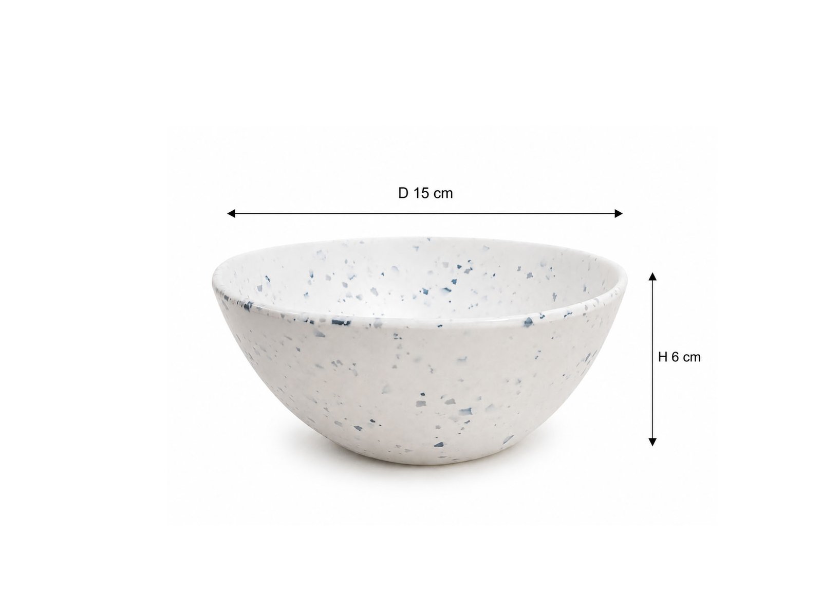 White melamine soup bowl 15 cm with grey and blue terrazzo speckled design for soups, salads, and serving dishes.