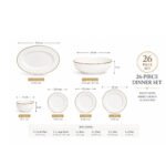 Luxury 26-piece white ceramic dinner set with ribbed design, gold rim, bowls, plates, large serving bowl and oval platter for elegant dining in Lebanon.