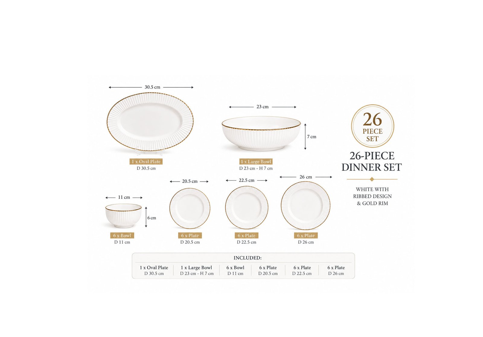 Luxury 26-piece white ceramic dinner set with ribbed design, gold rim, bowls, plates, large serving bowl and oval platter for elegant dining in Lebanon.