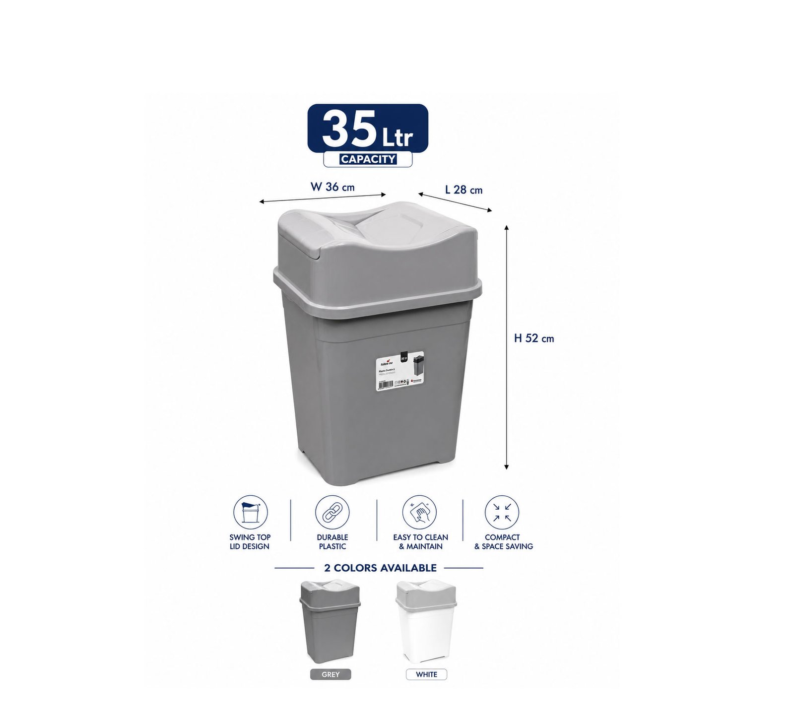 Swing Top Plastic Waste Bin Durable Home Trash Bin