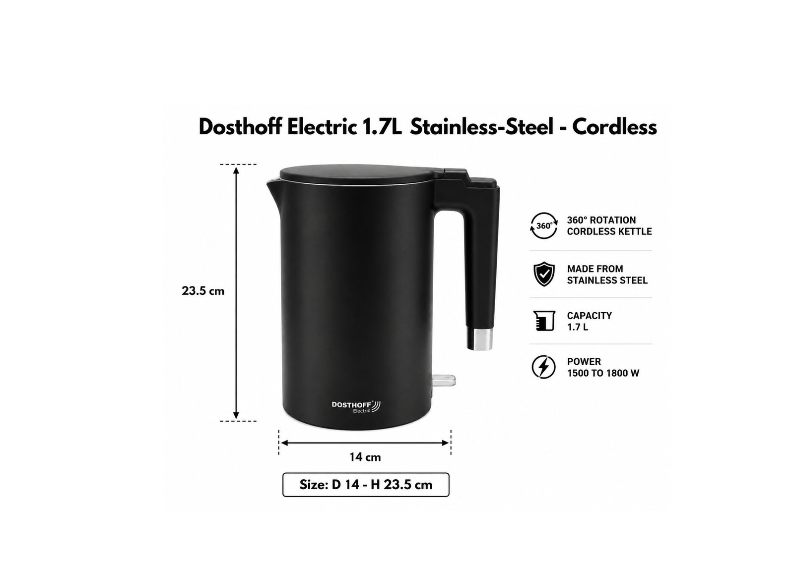 Dosthoff kettle 1.7L, cordless kettle, stainless steel kettle Lebanon