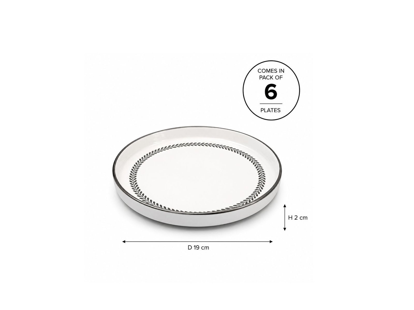 White high-edge ceramic plate with silver trim and silver leaf pattern, pack of 6 plates, size 19 cm diameter.