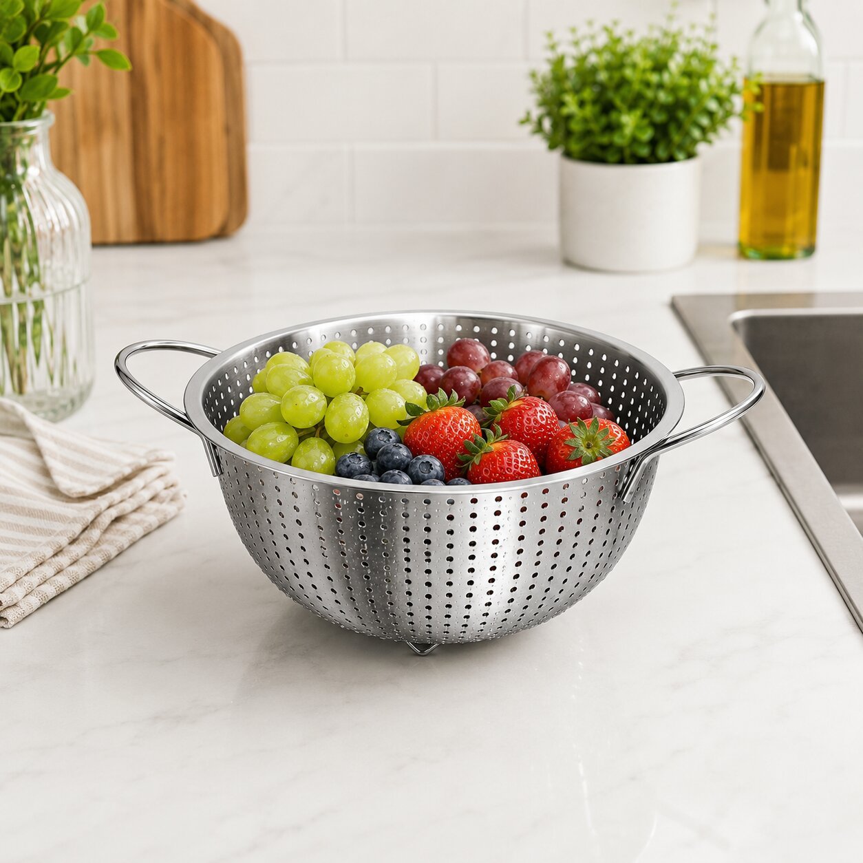punching colander with side handles for washing vegetables, fruits, rice, and draining pasta.