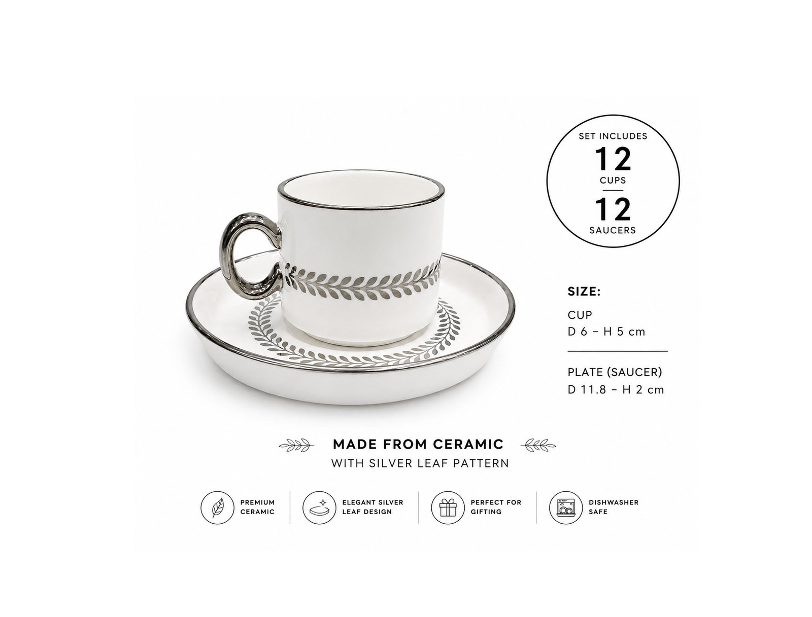Coffee Cup Set Of 12 With Silver Leaf Design