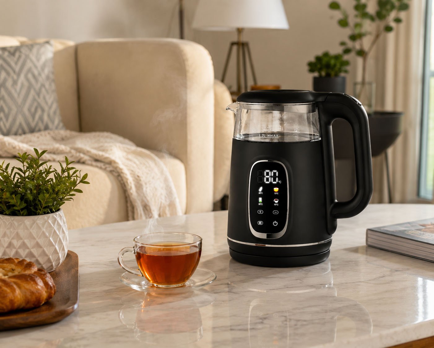Dosthoff 1.7L electric glass kettle with digital temperature control panel, borosilicate glass body, and matte black finish.