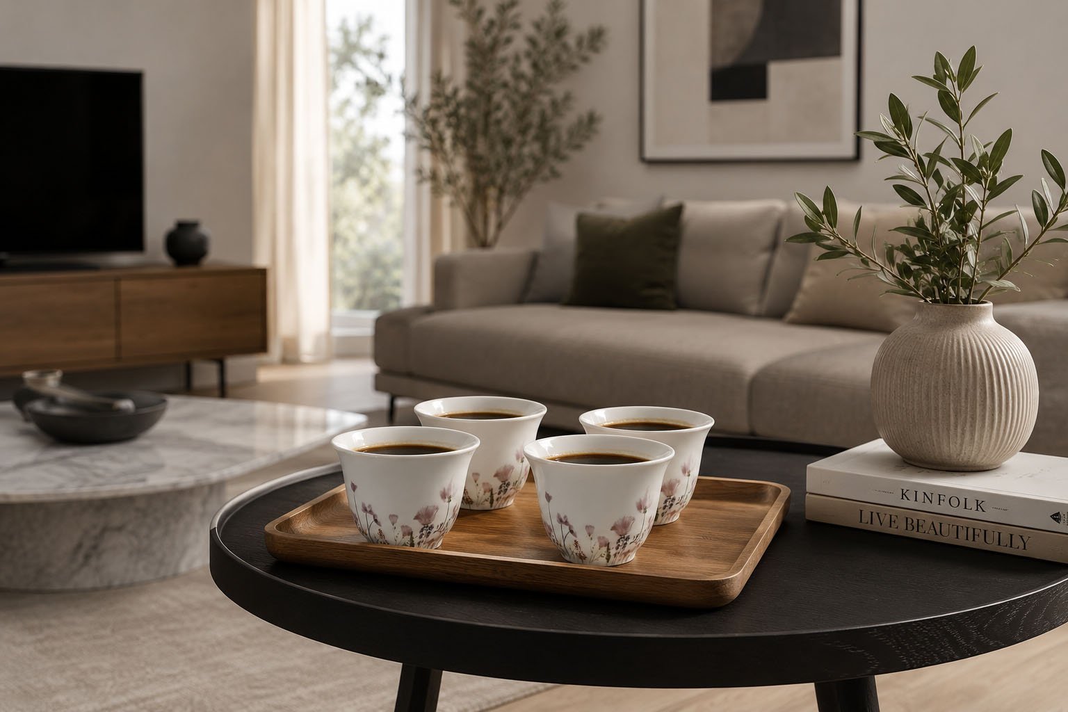 White ceramic coffee cup set with spring floral design
