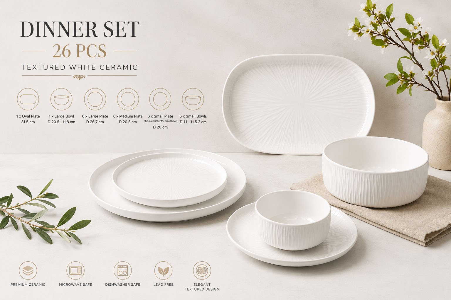 Dinner Set 26 PCS Textured White Ceramic