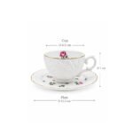 ceramic coffee cup set of 12 with matching saucers, pink rose pattern, embossed floral texture, and gold rim detailing.