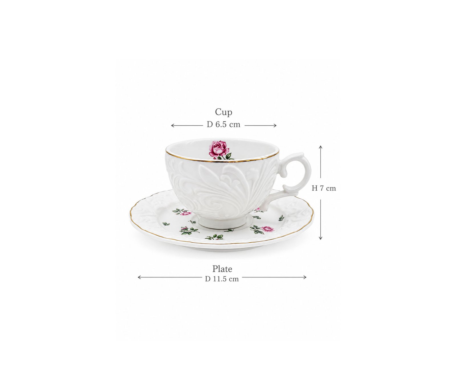 ceramic coffee cup set of 12 with matching saucers, pink rose pattern, embossed floral texture, and gold rim detailing.