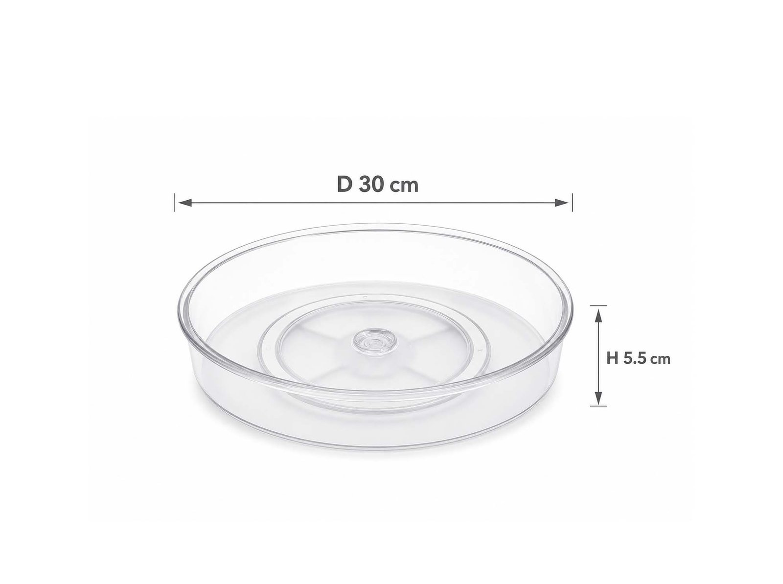Transparent rotating 360° plastic organizer tray with anti-slip feet for kitchen pantry and bathroom storage.