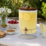 6L hammered glass beverage dispenser with wood lid, metal stand, and dispensing spigot