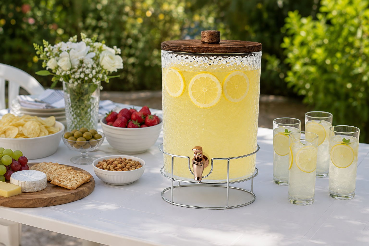 6L hammered glass beverage dispenser with wood lid, metal stand, and dispensing spigot