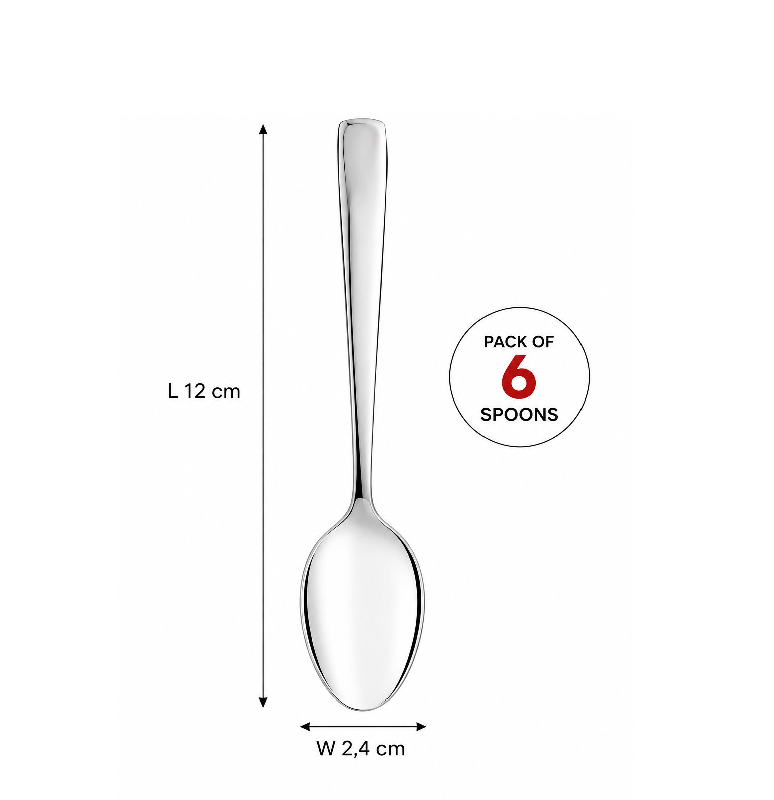 Set of 6 DOSTHOFF stainless steel dessert spoons with polished finish, 12cm length, ideal for coffee, tea, desserts and everyday dining.