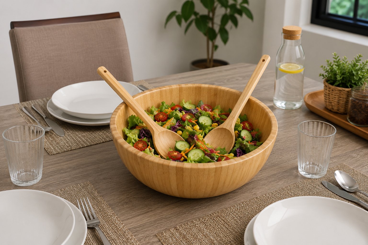 bamboo serving bowl set, salad bowl with servers, bamboo bowl Lebanon