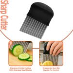 Stainless steel potato chipper with ergonomic black handle for making crinkle-cut fries, vegetables, and fruit slices.