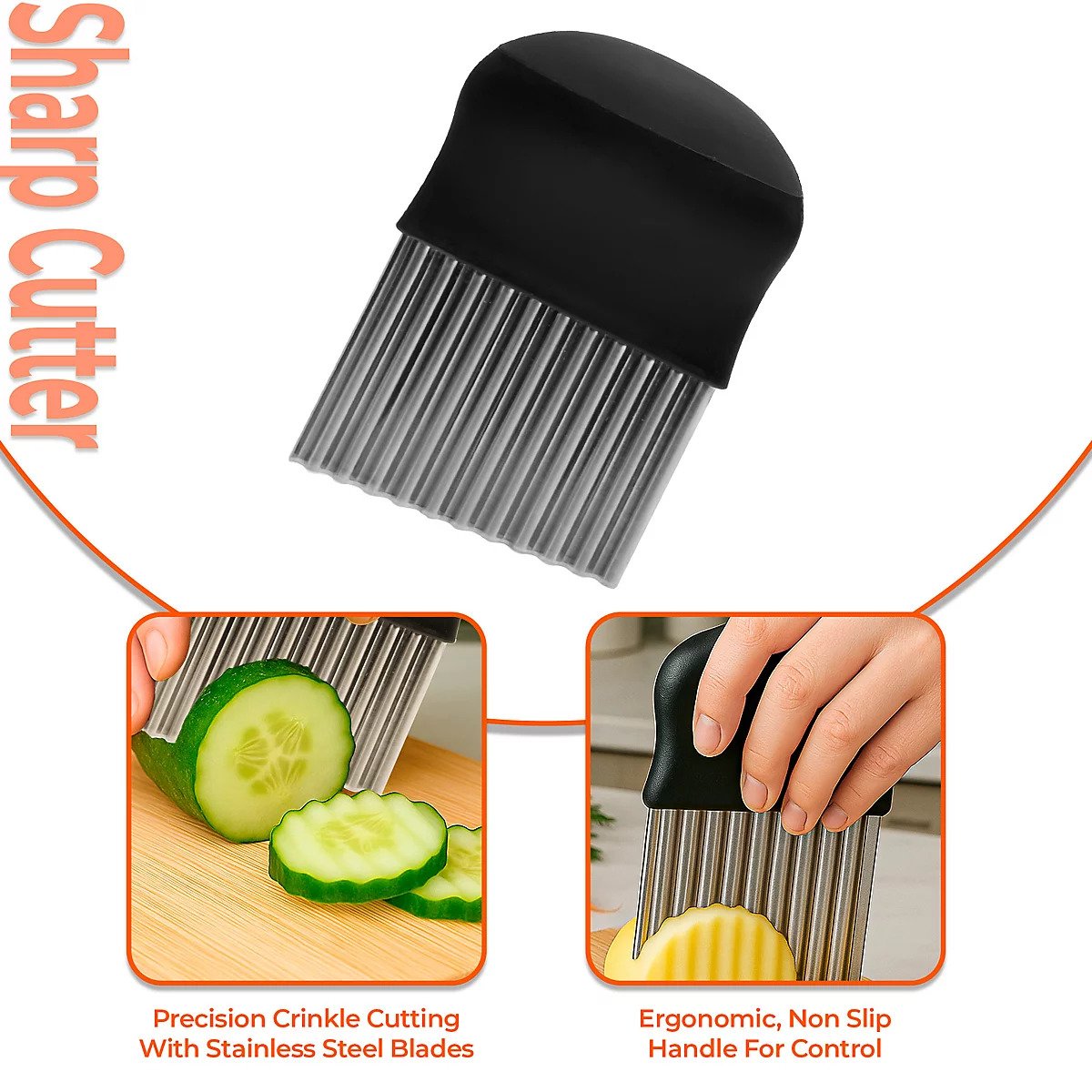 Stainless steel potato chipper with ergonomic black handle for making crinkle-cut fries, vegetables, and fruit slices.