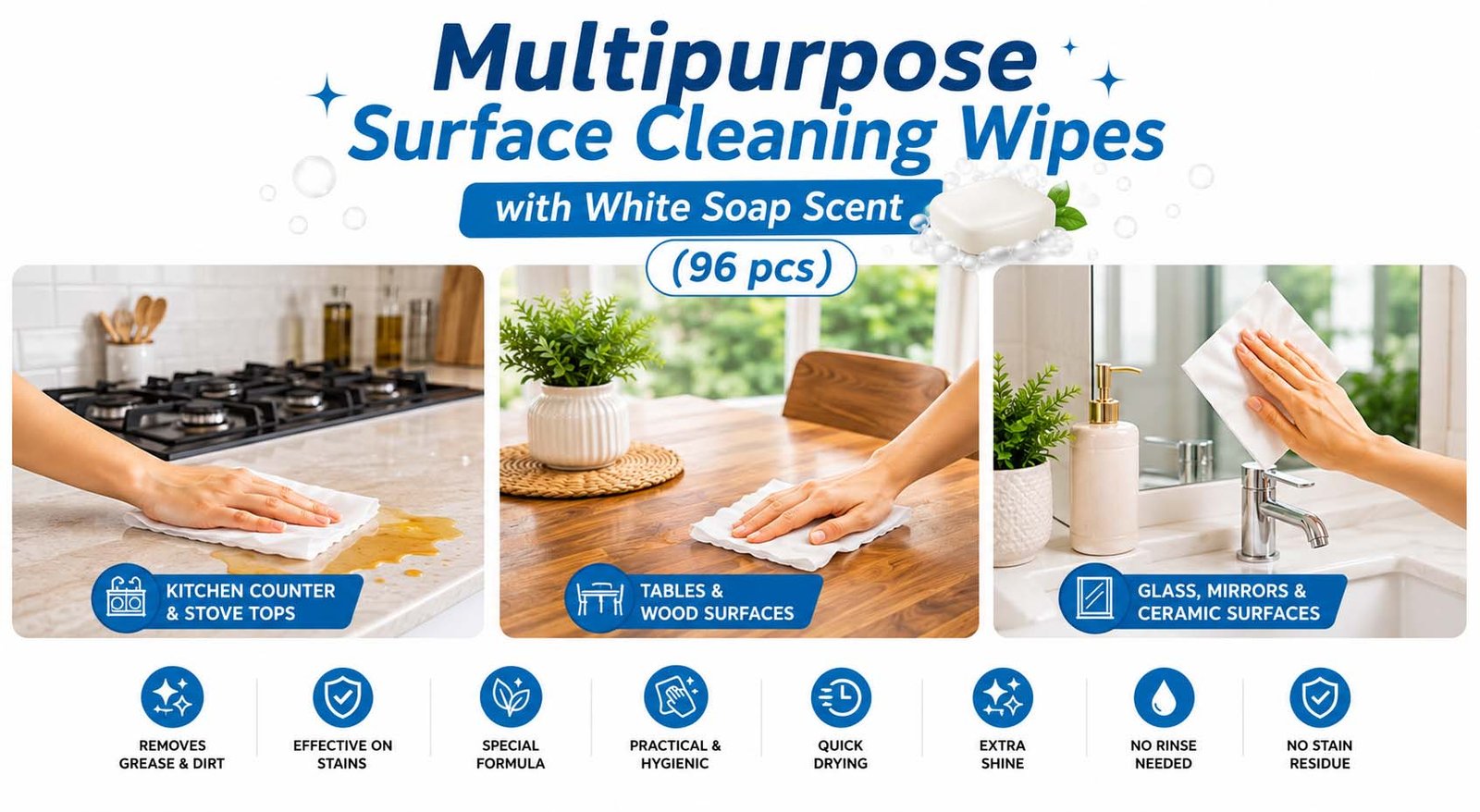 Multipurpose Surface Cleaning Wipes White Soap Scent 96 PCS