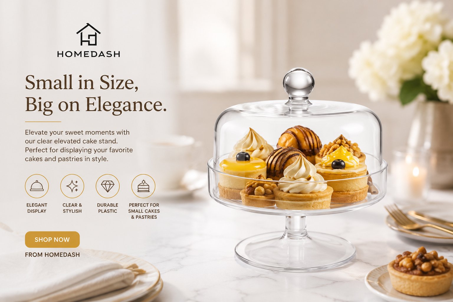 cake stand with clear dome cover, gold rim accents, decorative crystal-style knob, and elegant dessert display design, 17 cm diameter.