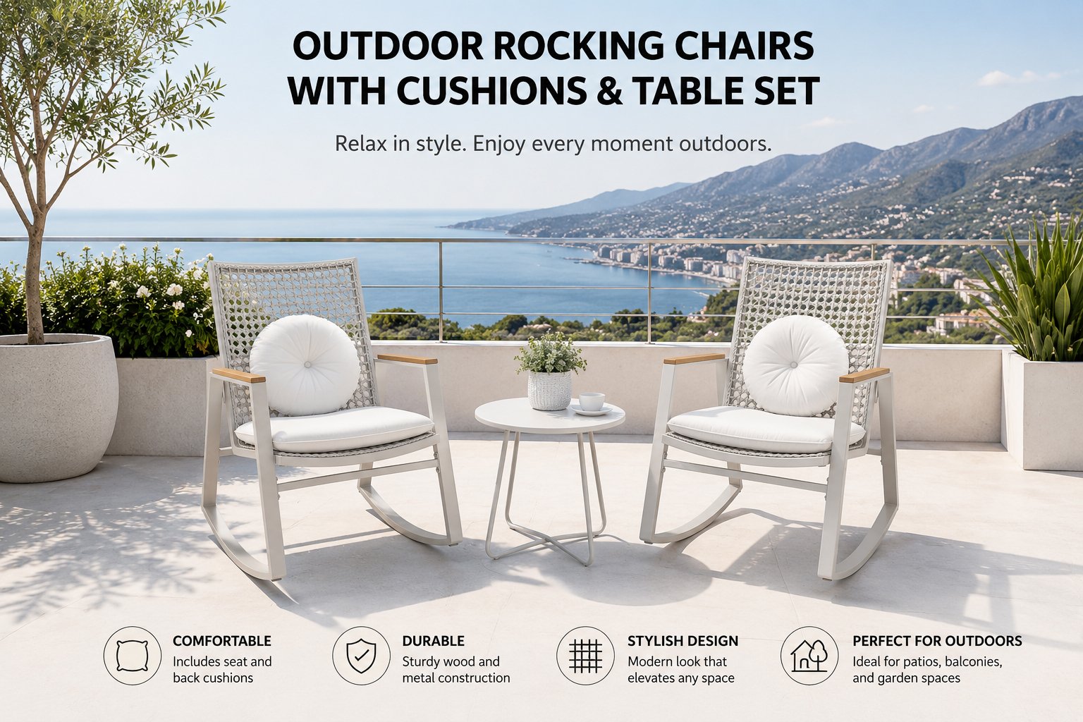 Outdoor Rocking Chairs with Cushions and Coffee Table Set