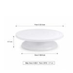 White plastic rotating cake stand with smooth 360-degree turntable for cake decorating and display, featuring hidden ball bearings.