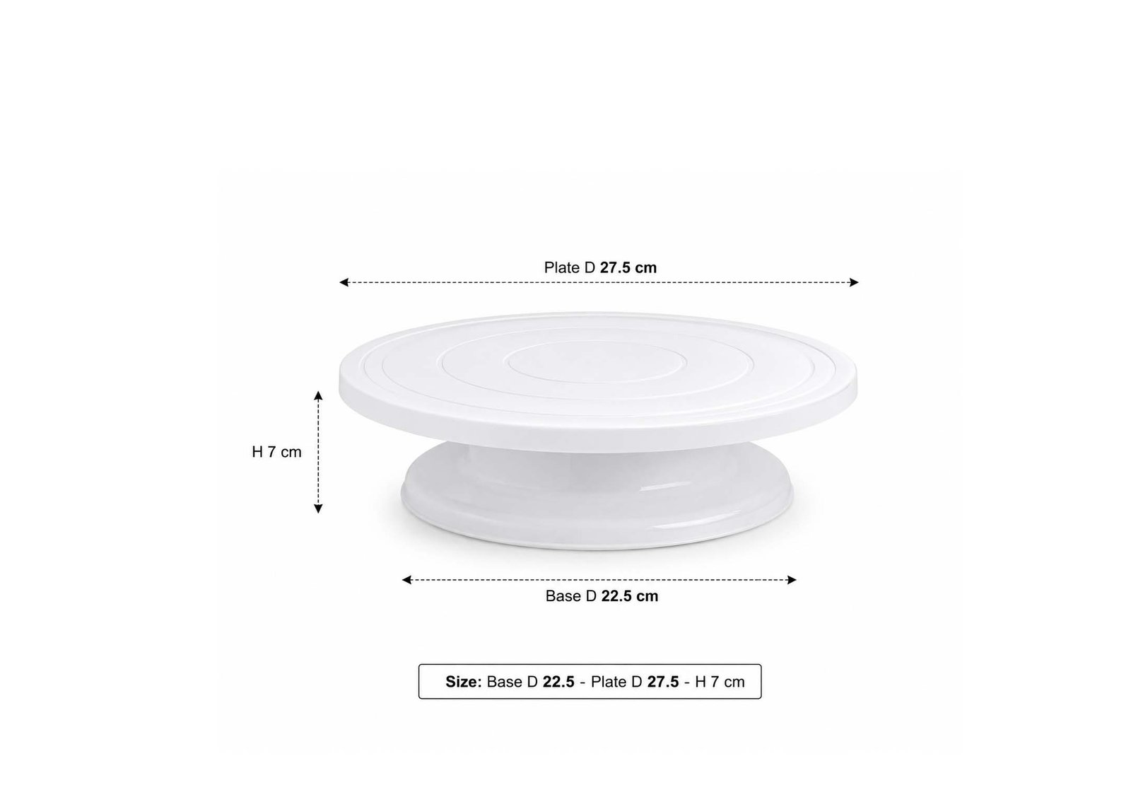 White plastic rotating cake stand with smooth 360-degree turntable for cake decorating and display, featuring hidden ball bearings.