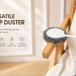 microfiber duster with bamboo handle for cleaning furniture, glass, shelves, blinds, office, and car surfaces.