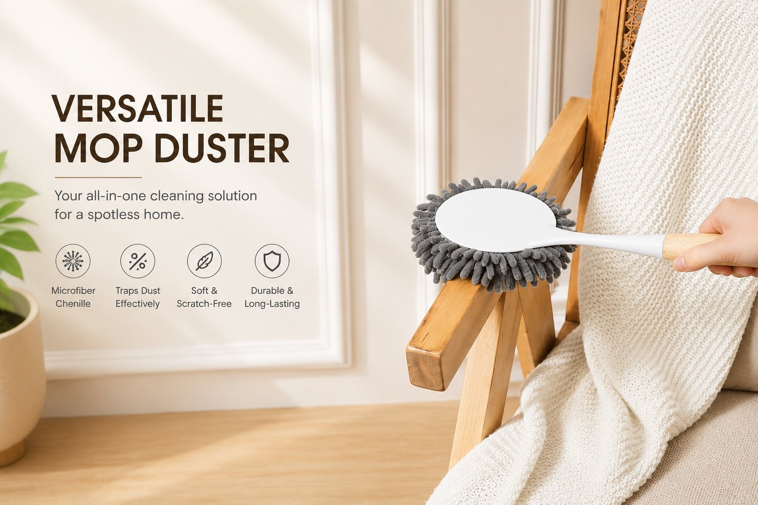 microfiber duster with bamboo handle for cleaning furniture, glass, shelves, blinds, office, and car surfaces.