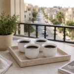 Ribbed Ceramic Arabic Coffee Cup Set 12 Pcs White Gold Rim