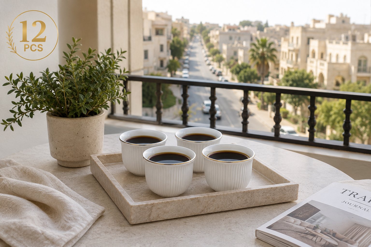 Ribbed Ceramic Arabic Coffee Cup Set 12 Pcs White Gold Rim