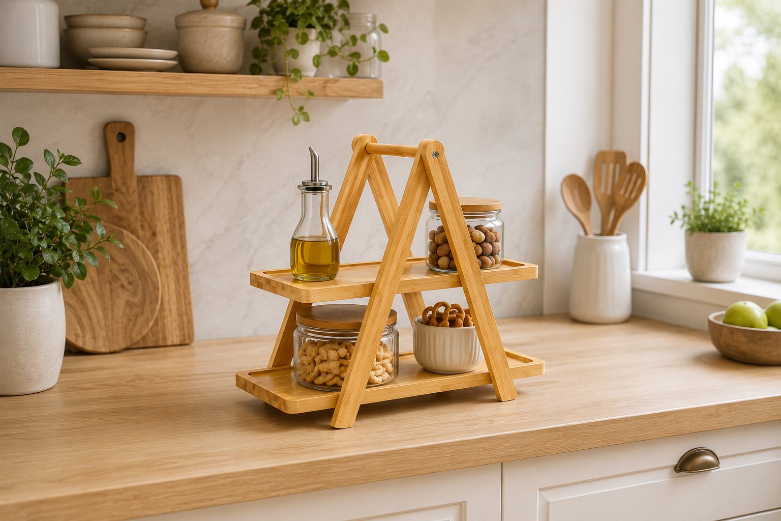 Bamboo 2-Tier Presentation Stand with Foldable Trays
