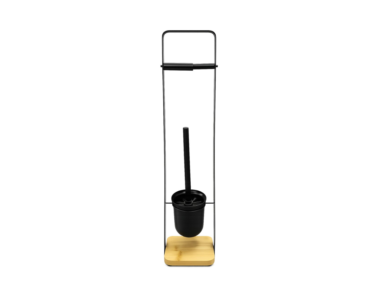 black bamboo bathroom toilet stand with integrated toilet paper holder and toilet brush