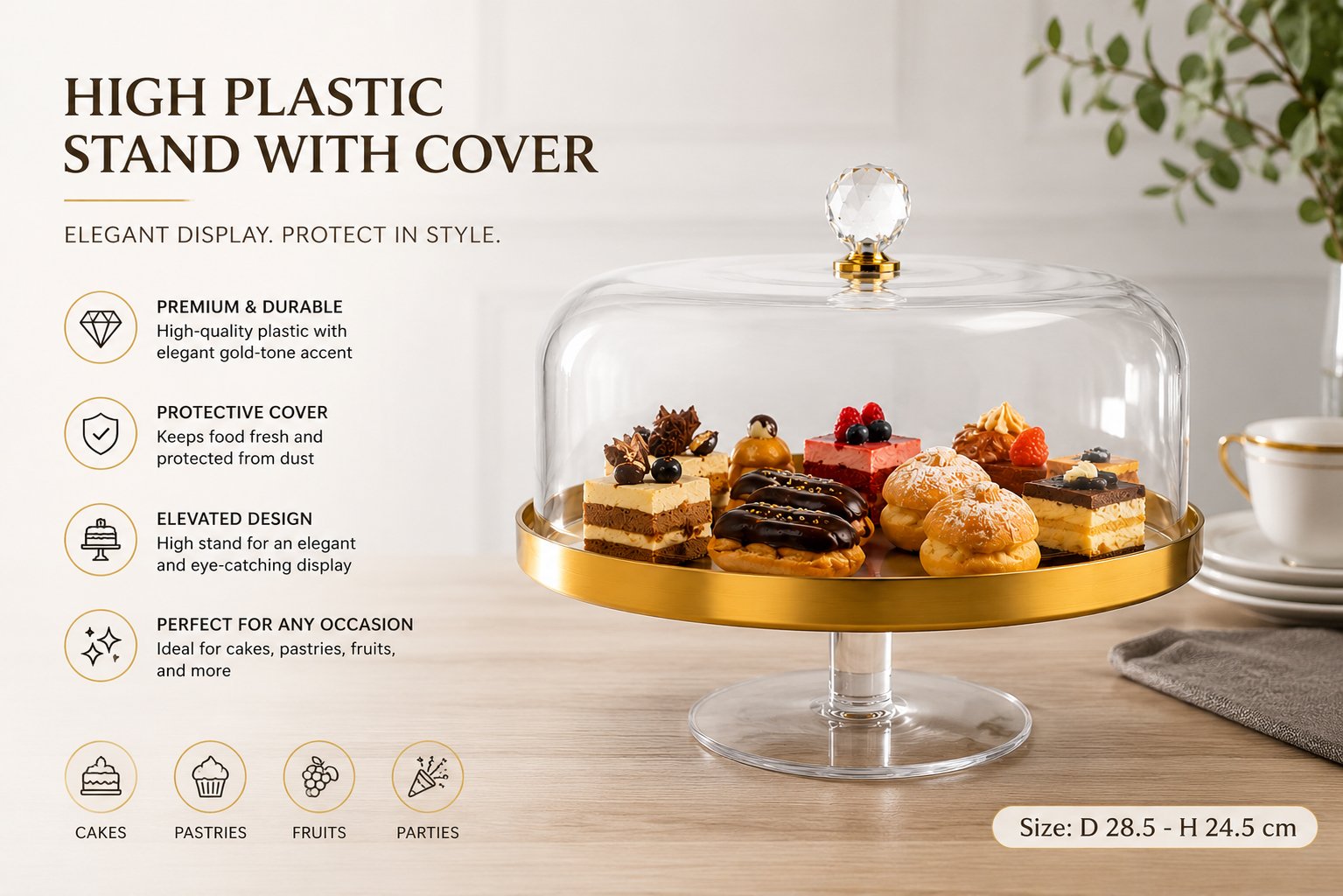 Elevated Cake Stand With Cover Gold Rim 28.5cm